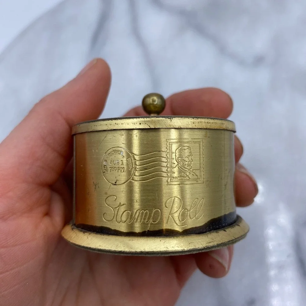 Brass Stamp Roll Dispenser Gold RTS Engraved Vintage Desk MCM Retro Academia
